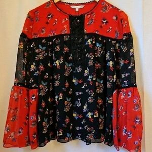Rebecca Minkoff Luca Top Size L Floral Red Multi Bell Sleeves Cottagecore New P5